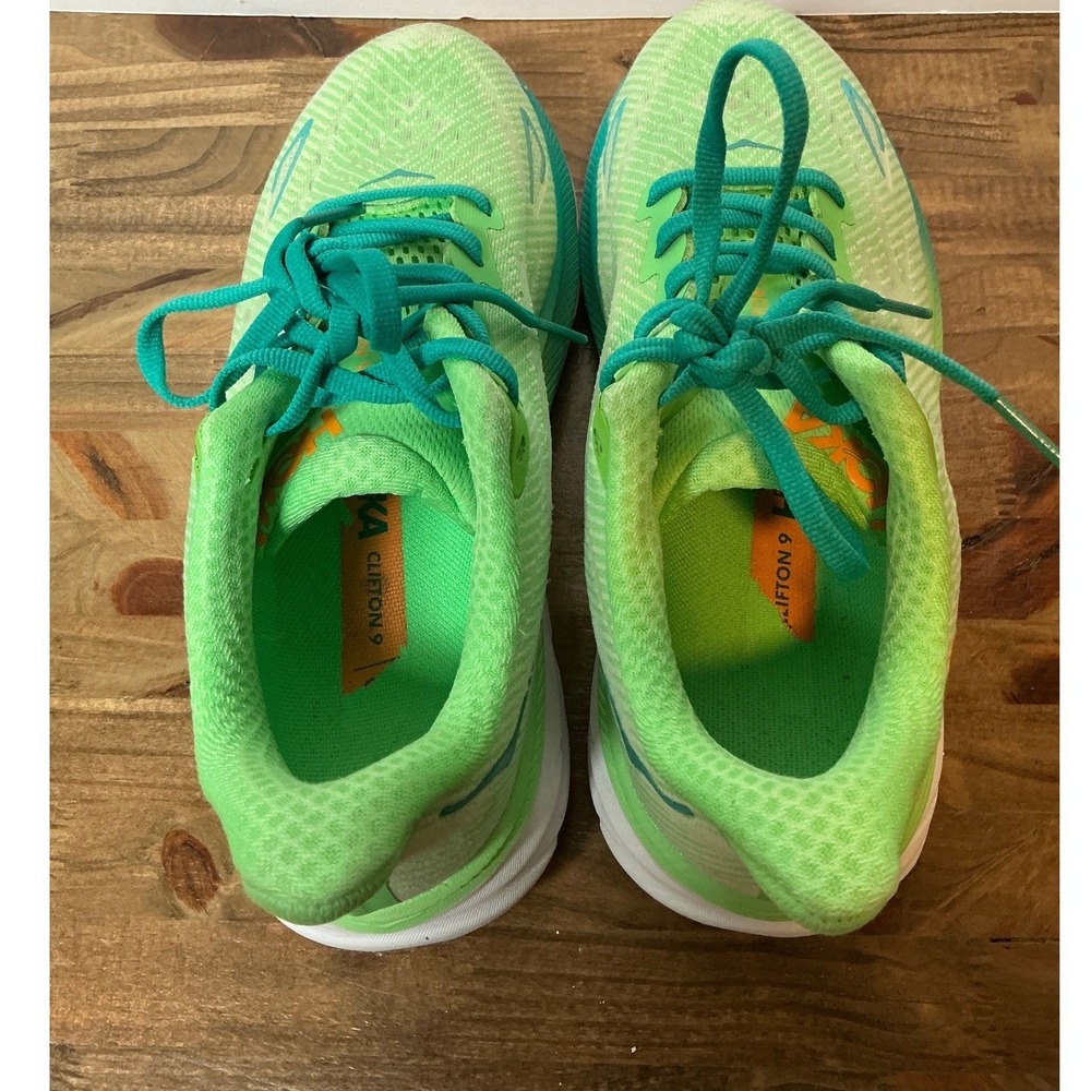 HOKA Clifton 9 Women Running Shoes Size 7D Wide Green Lime Orange 1132210 ZLGL - Picture 7 of 8